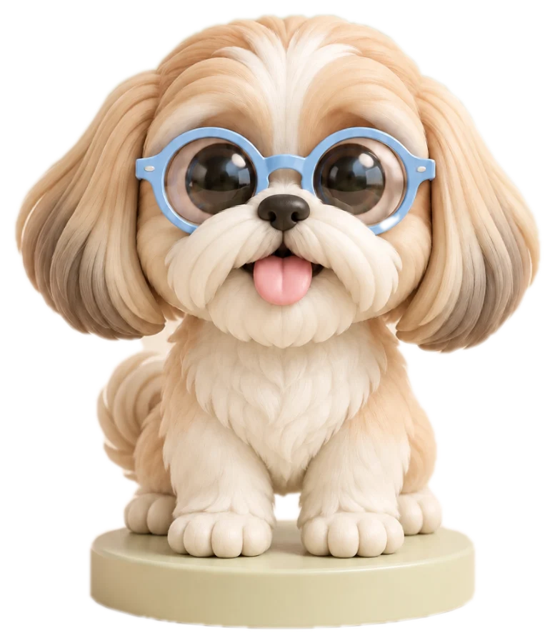 Coco 3D, la mascota de Melocotón, sentado con lentes azules
