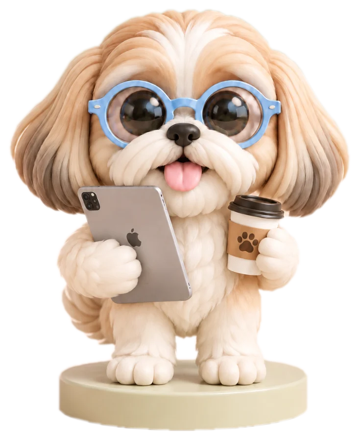 Coco 3D con tablet y café, trabajando