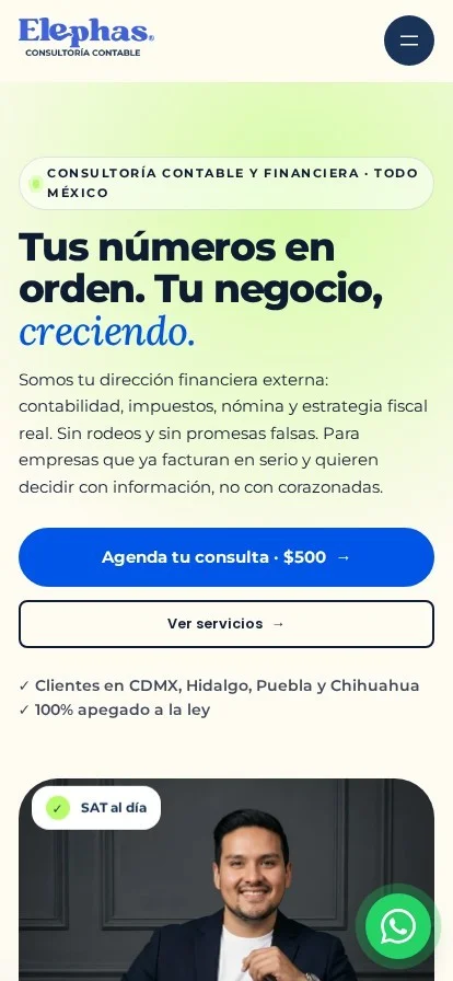 Sitio web de Elephas Consultoría Contable en celular, diseñado por Melocotón