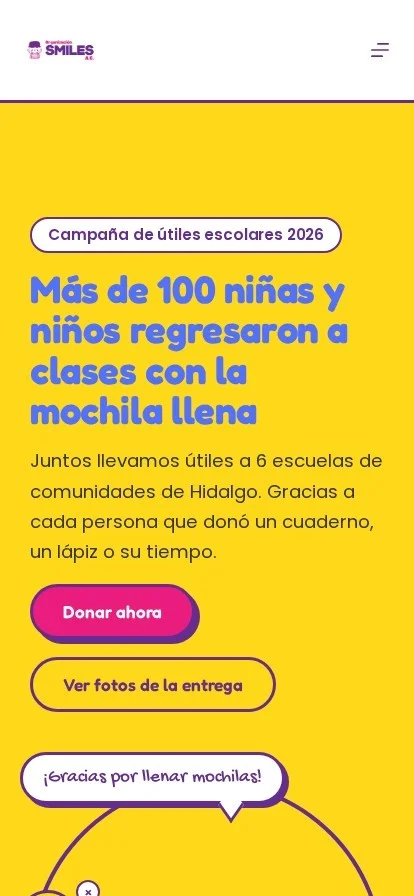 Sitio web de Organización Smiles A.C. en celular, diseñado por Melocotón