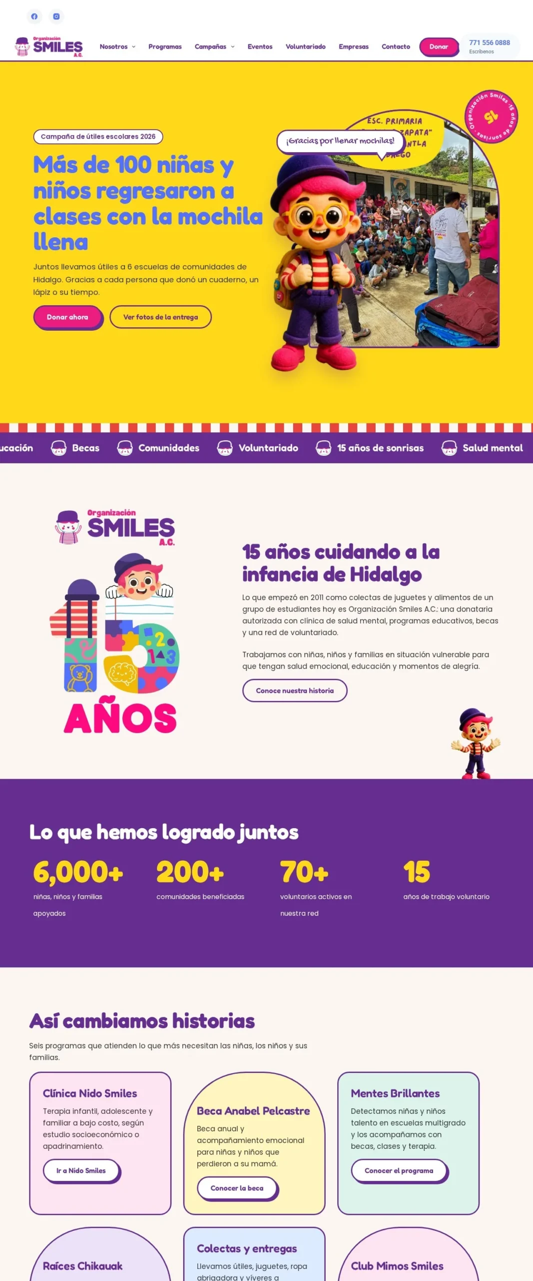 Sitio web de Organización Smiles A.C. diseñado por Melocotón, versión escritorio