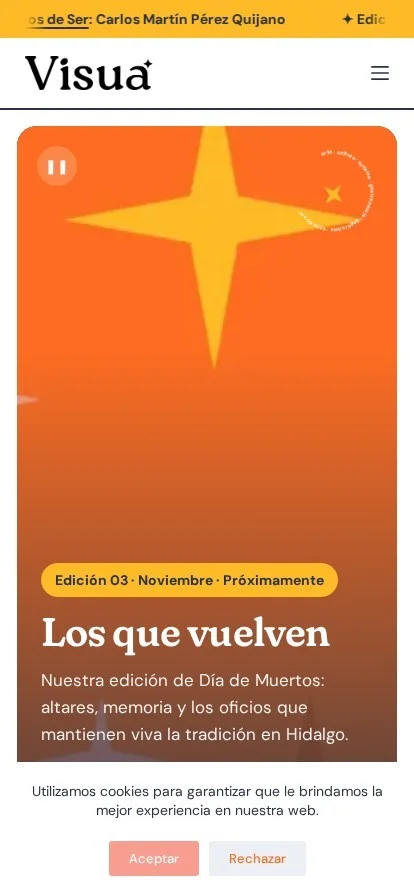 Sitio web de Revista Visua en celular, diseñado por Melocotón